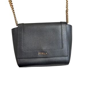 Furla black saffiano leather crossbody messenger flap bag